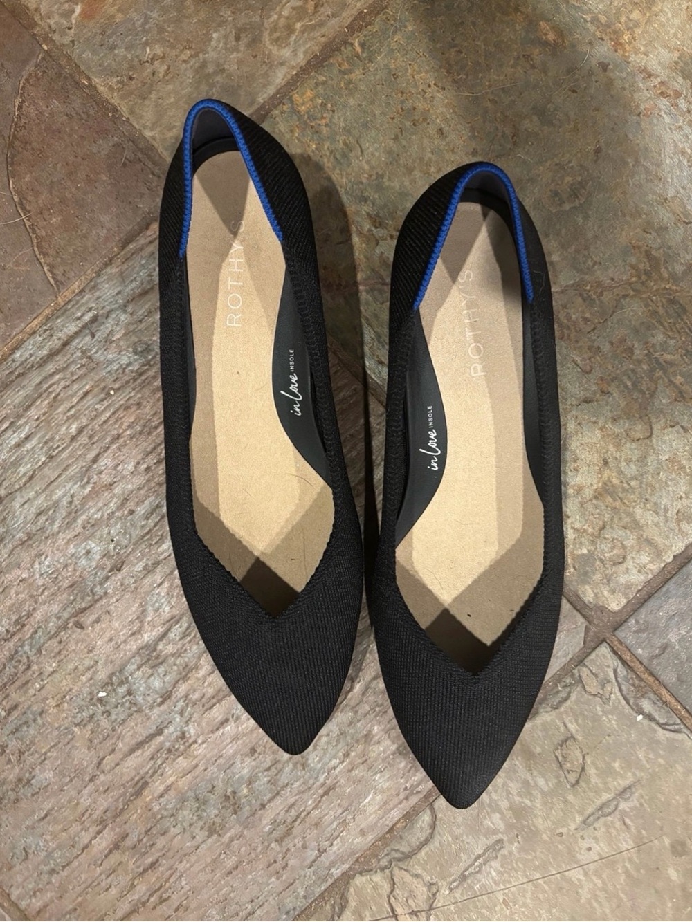 Rothy's Black Pointed Knit Flats with Blue Trim